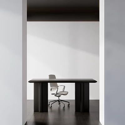 Modern Office Desk And Chair Set With White Wheeled Chair And Black Table Top 3d model