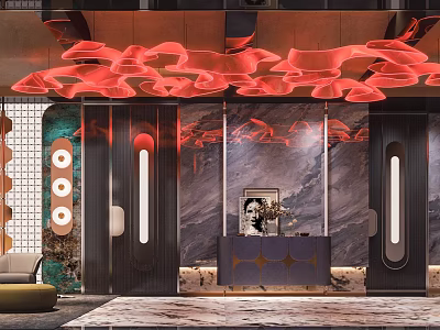 Modern Luxury KTV Lobby With Red Art Chandelier Marble Backdrop And Black Door Frames 3d model