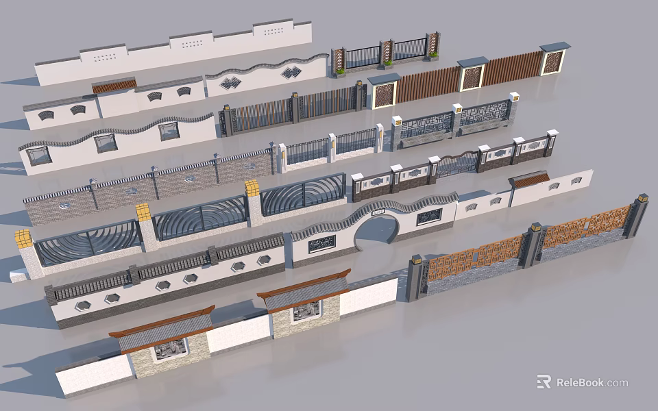 Diverse Garden Wall Designs With Decorative Patterns Metal Railings And Stone Elements 3d model