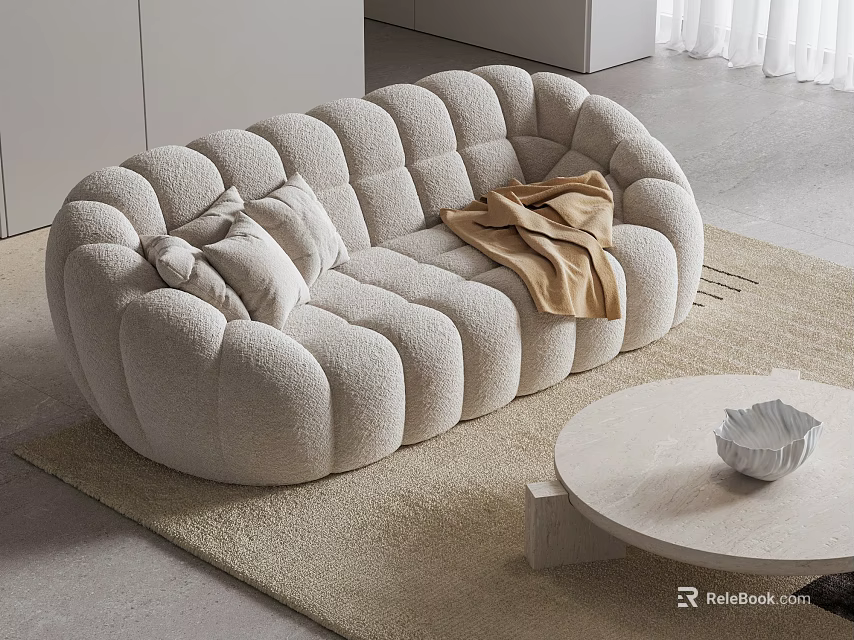 Cozy Two-Seater Sofa With Soft Pillows Blanket On Light Rug And Round Coffee Table 3d model 