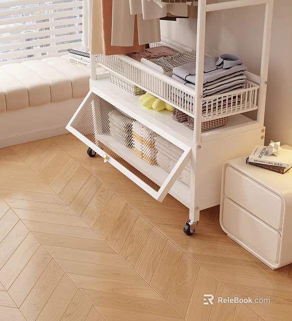 White MultiLayer Clothing Storage Cart With Folded Shirts Socks And Wheels 3d model 