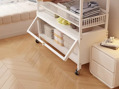 White MultiLayer Clothing Storage Cart With Folded Shirts Socks And Wheels 3d model