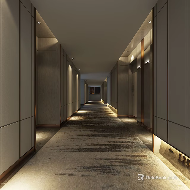 Modern Hotel Corridor Interior With Paneled Walls Carpeted Floor And Recessed Lighting 3d model 