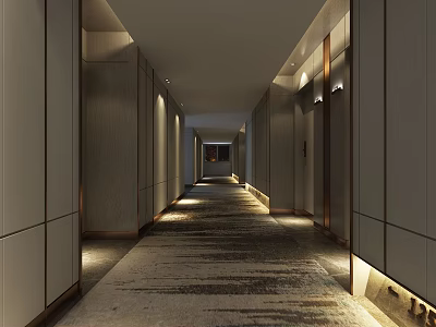 Modern Hotel Corridor Interior With Paneled Walls Carpeted Floor And Recessed Lighting 3d model