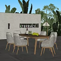 Terrace Dining Table And Wicker Chairs With Green Plants And Wall Lighting