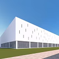 Modern White Building With Wooden Accents Large Glass Windows Plaza Under Blue Sky White Clouds