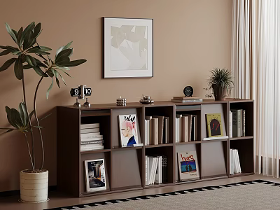 Cozy Living Room Corner With Brown Wall Abstract Painting Dark Bookshelf Books Frames And Plants 3d model