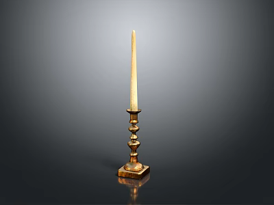 Elegant Golden Candlestick With Tall Candle On Decorative Base Design 3d model