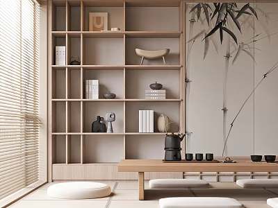 Minimalist Tea Table with Tatami Cushions Wooden Shelves Bamboo Decor and Tea Set 3d model