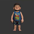 Child Wearing Blue Tank Top With Cartoon Graphic And Shorts Standing Barefoot On Dark Background