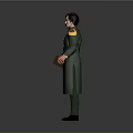 3D Character Model In Green Uniform With Yellow Buttons And Shoulder Badges Holding Brown Item
