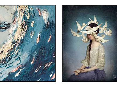 Art Paintings Featuring Ocean Waves Fish And Female With Paper Crane Headdress 3d model