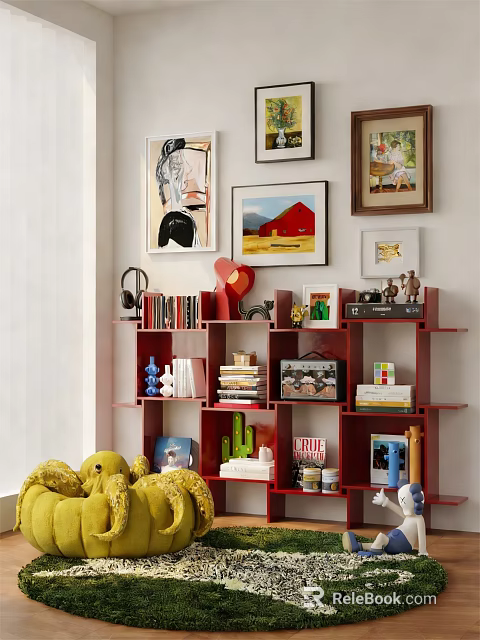 Cozy Study Room Interior With Red Bookshelf Artworks Decorations And Plush Toy 3d model 