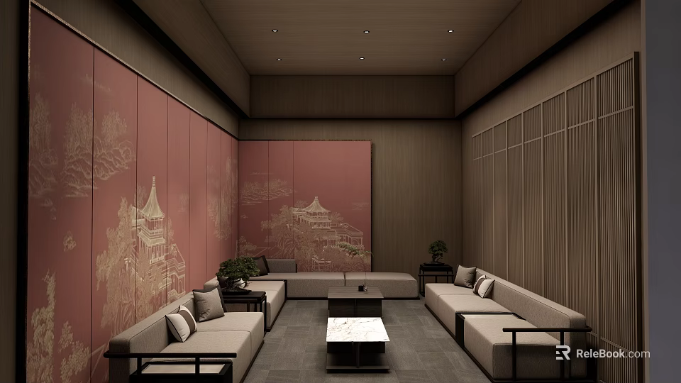 Private Box with Red Screens Golden Architectural Patterns Beige Sofas Wooden Walls and Coffee Table 3d model