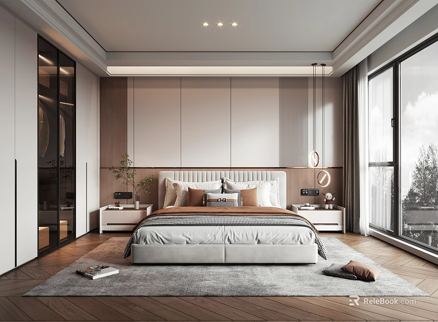 Modern Elegant Bedroom Interior With Upholstered Headboard Nightstands Wooden Floor And Large Windows 3d model 