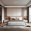 Modern Elegant Bedroom Interior With Upholstered Headboard Nightstands Wooden Floor And Large Windows