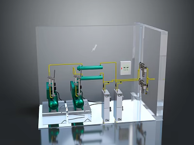 Transparent Display Case With Green Mechanical Equipment Yellow Pipes And Control Panel 3d model