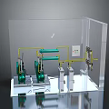 Transparent Display Case With Green Mechanical Equipment Yellow Pipes And Control Panel