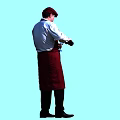 Man in White Shirt Red Apron and Red Cap Holding Bottle Against Light Blue Background