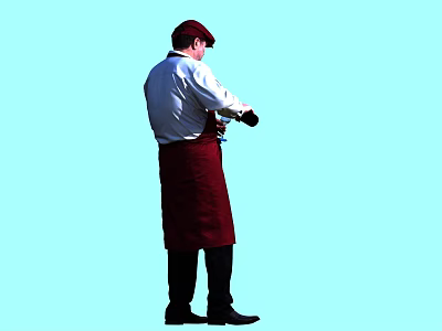 Man in White Shirt Red Apron and Red Cap Holding Bottle Against Light Blue Background 3d model