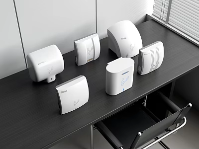 Multiple Different Styles White Hand Dryers Displayed On Modern Office Desk 3d model
