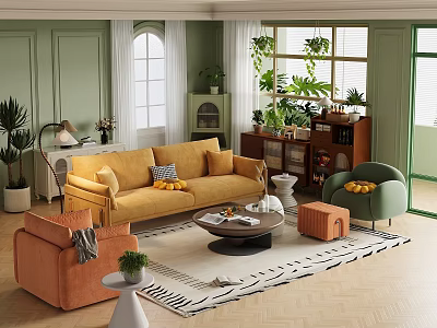 Cozy Green Living Room Interior With Yellow Sofa Green Armchair Bookshelf Coffee Table And Plants 3d model