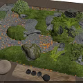 Indoor Zen Landscape With Green Lawn Stones Pathway Wooden Deck Round Cushions And Tea Set