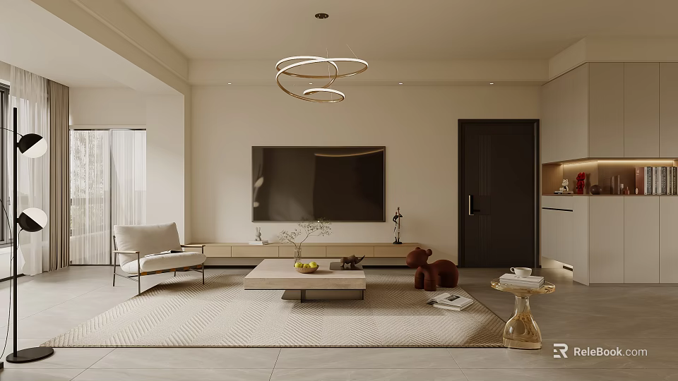 Modern Living Room Interior With Circular Pendant Lights TV Stand Coffee Table And Armchair 3d model 
