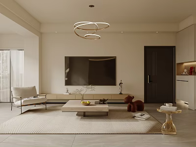 Modern Living Room Interior With Circular Pendant Lights TV Stand Coffee Table And Armchair 3d model