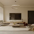 Modern Living Room Interior With Circular Pendant Lights TV Stand Coffee Table And Armchair