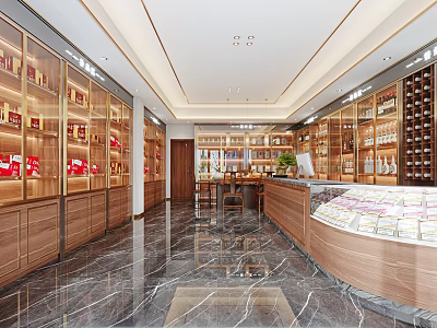 Elegant Tobacco And Liquor Store Interior With Wooden Display Shelves And Marble Floor 3d model