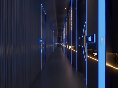 Modern KTV Corridor With Neon Lights And Room Numbers 3d model