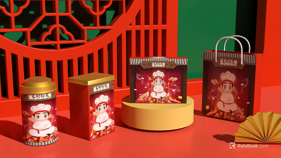 Chinese Style Packaging With Cartoon Chef On Red Background And Lattice Decorations 3d model 