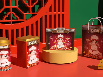 Chinese Style Packaging With Cartoon Chef On Red Background And Lattice Decorations 3d model