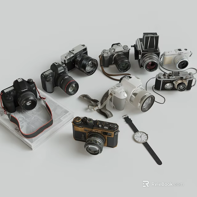 Vintage And Modern Digital Cameras Collection With Classic Watch On White Background 3d model 