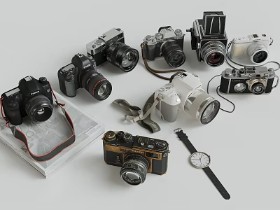 Vintage And Modern Digital Cameras Collection With Classic Watch On White Background 3d model