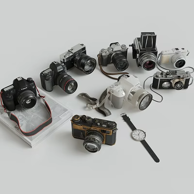 Vintage And Modern Digital Cameras Collection With Classic Watch On White Background 3d model