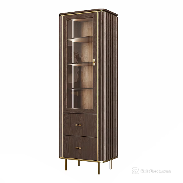Elegant Wooden Wine Cabinet With Glass Door Drawers And Gold Accents 3d model 