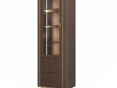 Elegant Wooden Wine Cabinet With Glass Door Drawers And Gold Accents 3d model
