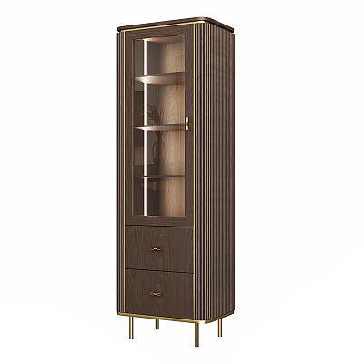 Elegant Wooden Wine Cabinet With Glass Door Drawers And Gold Accents 3d model