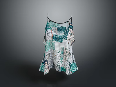 Bohemian Style Patchwork Camisole Top With Green And White Printed Patterns 3d model