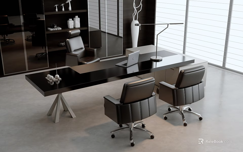 Modern Minimalist Office Desk With Laptop Table Lamp Two Black Chairs Bookshelf And Floor Lamp 3d model 