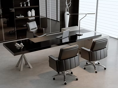 Modern Minimalist Office Desk With Laptop Table Lamp Two Black Chairs Bookshelf And Floor Lamp 3d model
