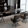 Modern Minimalist Office Desk With Laptop Table Lamp Two Black Chairs Bookshelf And Floor Lamp