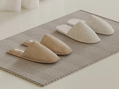 Soft Brown and Gray Slippers on Woven Indoor Home Mat for Daily Use 3d model