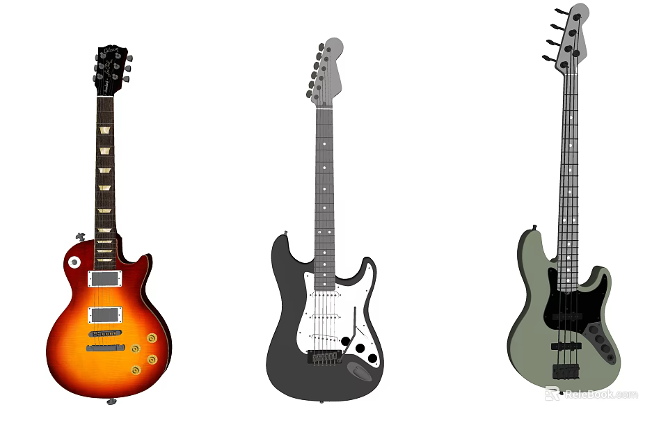 Colorful Musical Instruments and Art Supplies Showcasing Electric Guitars in Various Styles 3d model 