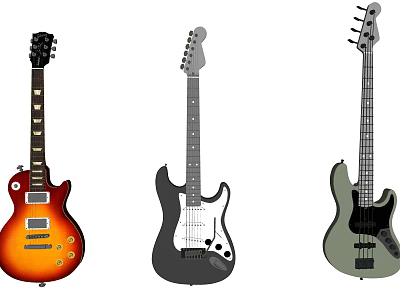 Colorful Musical Instruments and Art Supplies Showcasing Electric Guitars in Various Styles 3d model