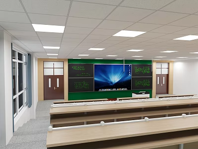 Spacious Classroom Interior With Wooden Desks Green Blackboard Blue Screen And White Ceiling Lights 3d model