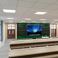 Spacious Classroom Interior With Wooden Desks Green Blackboard Blue Screen And White Ceiling Lights