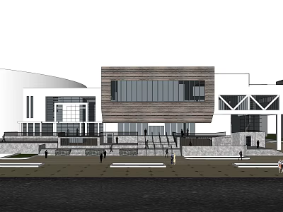 Modern Public Building Exterior With Wooden Panels Glass Windows And Plaza Area 3d model